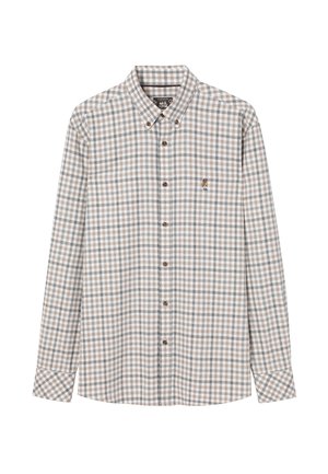 Küünarnukkidega plaaditud särk beeži ja pruuniga, millel on nööpidega krae, puidust nööbid ja väike tikandiga logo rinnal.