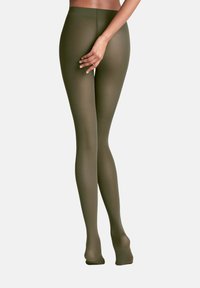 Oliwkowe legginsy o gładkiej, przezroczystej fakturze i wysokim pasie, z dopasowanym krojem sięgającym do stóp.