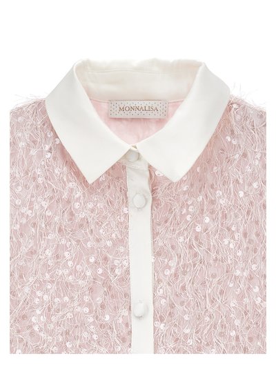 Ροζ μπλούζα με υφή, παγέτες και λευκά κουμπιά καλυμμένα με ύφασμα, με καθαρό λευκό μυτερό γιακά και ετικέτα Monnalisa στο εσωτερικό.