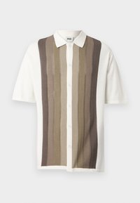 Kortermet skjorte med krage og vertikale striper i beige, brunt og krem; knappelukking; strikket stoff med strukturmønster.
