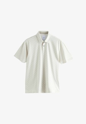 Tricou polo cu mânecă scurtă, de culoare bej deschis, cu un model geometric, închidere cu nasturi și guler clasic. Material moale cu o textură fină.