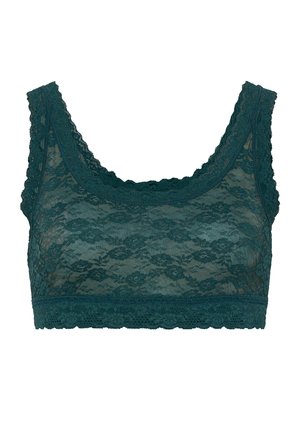 Spitzen-Bralette in tiefem Teal mit gewellten Kanten, ausgestattet mit einem floralen Muster und nahtlosem Design. Weiche, zarte Textur ohne Bügel.