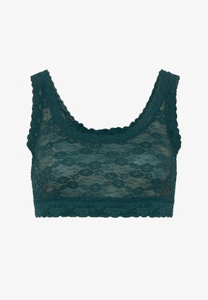 Krajkový bralet v hlbokom odtieni teal so zúbkovaným okrajom, s kvetinovým vzorom a bezšvovým dizajnom. Jemná, delikátna textura bez výstuhy.