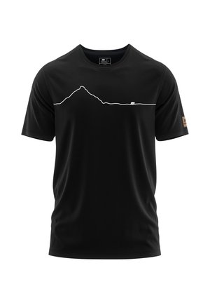 Black short-sleeve t-shirt with a simple white line drawing of a mountain and a small bear walking on a flat line next to it.