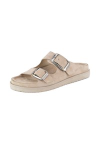 Beige nubukist libisemissandaal kahe suure hõbedase pandliga ja kontuuriga tald, sobilik igapäevaseks kandmiseks.