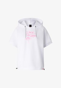 Sudadera con capucha blanca de manga corta con cordones ajustables y diseño floral abstracto rosa en el pecho.