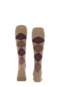 Calze beige alte fino al ginocchio con un motivo a diamante nei toni del marrone e del viola, accentuate da cuciture rosa.