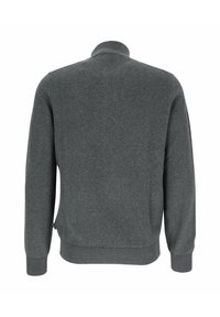 Grauer Pullover mit strukturiertem Muster, langen Ärmeln und hohem Kragen. Verfügt über einen figurebetonten Saum und seitliche Schlitze für mehr Bewegungsfreiheit.