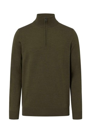 Langärmeliger olivgrüner Pullover mit hohem Kragen und kurzem Frontreißverschluss, gerippte Bündchen und Saum.