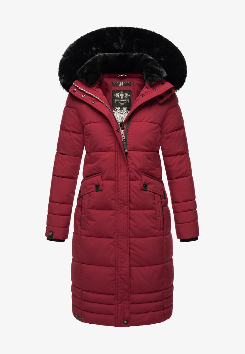 Red puffer coat with a faux fur hood, zip closure, two front pockets, and vertical stitching. The design features a long, fitted silhouette.