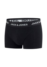 Zwarte boxershorts van katoen met een zachte elastische tailleband met daarop de witte tekst "JACK & JONES". Korte pijpen met een gevormde pouch.