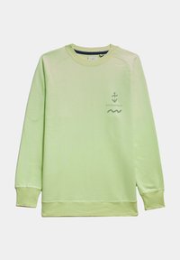 Sudadera verde claro con puños y dobladillo acanalados, que presenta un gráfico de ancla y ola en gris. Tejido suave con un corte relajado.