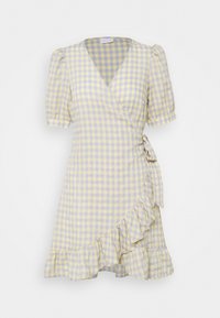 Žluté a světle modré kostkované zavinovací šaty s krátkými nafouknutými rukávy, volánkovým lemem a šňůrkou na boku. Vyrobeno z lehkého materiálu.