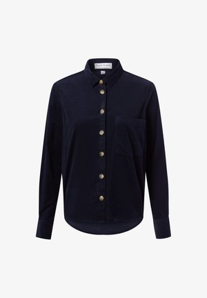 Dunkelblaues Kordhemd mit durchgehender Knopfleiste, langen Ärmeln, einer einzelnen Brusttasche und runder Saumlinie; verfügt über tonale Knöpfe.