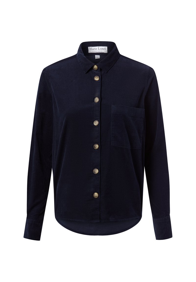 Navy blue corduroy shirt with a button-down front, long sleeves, single chest pocket, and round hemline; features tone-on-tone buttons.