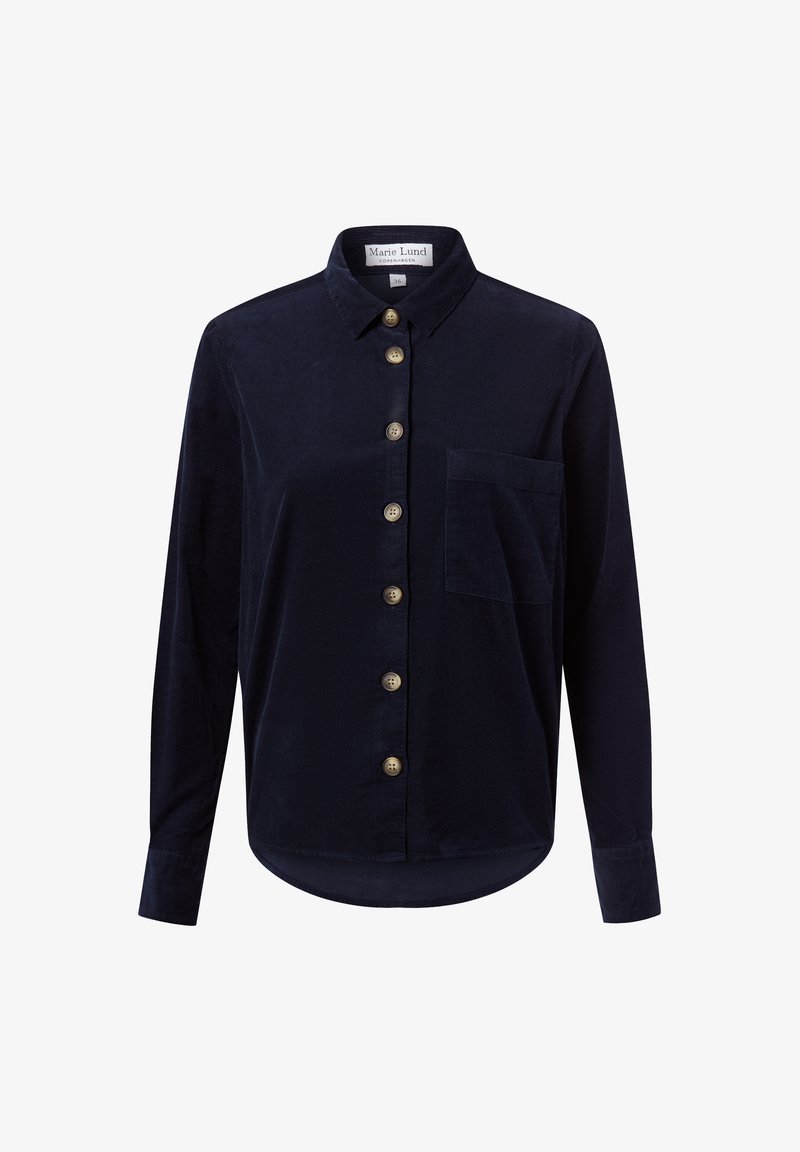 Camicia in corduroy blu navy con bottone frontale, maniche lunghe, una tasca sul petto e orlo arrotondato; presenta bottoni tono su tono.