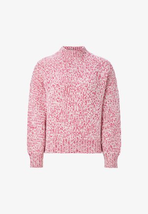 Maglione lavorato a maglia in rosa e bianco, con colletto alto, maniche lunghe e polsini e orlo a coste. Texture spessa con una finitura morbida.