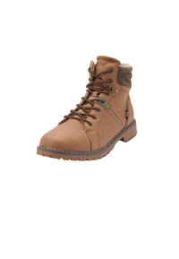 Botín de cuero marrón con diseño de cordones, cuello tejido en contraste, superficie texturizada y suela de goma resistente con tracción.