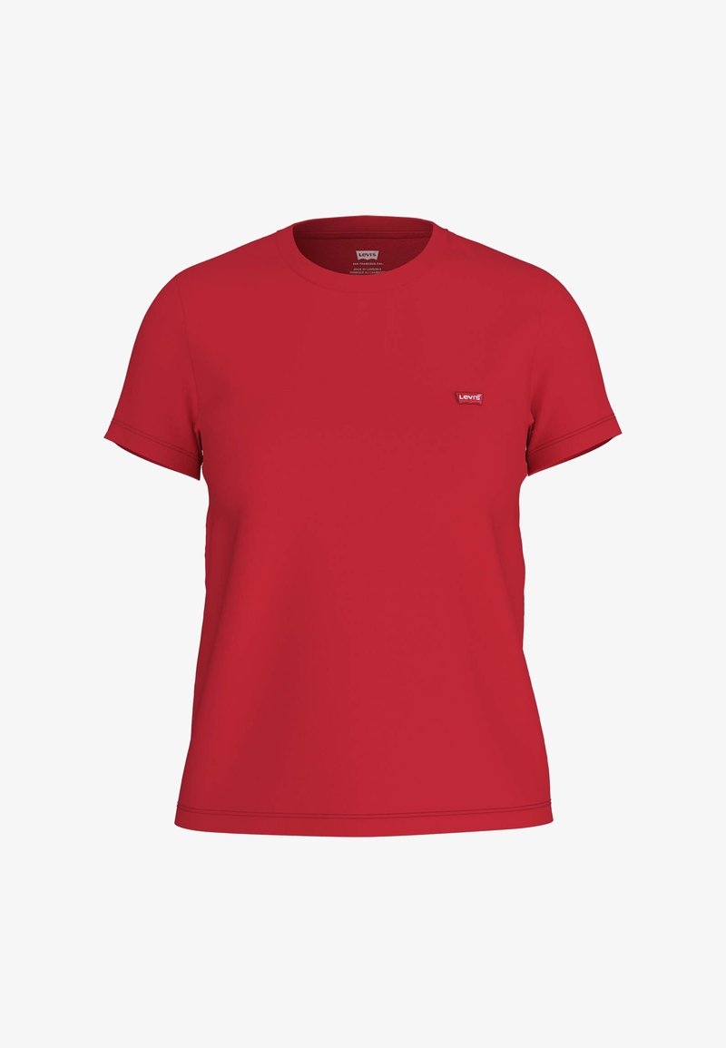 T-shirt rouge à manches courtes avec col rond et petite étiquette logo Levi's sur le côté gauche de la poitrine.