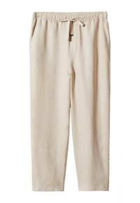 Beige linnen broek met een elastische tailleband en verstelbaar trekkoord, voorzien van zijzakken en een losse pasvorm, die smal toelopend is bij de enkels.