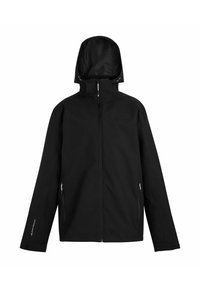 Veste noire à capuche avec fermeture éclair intégrale à l'avant, poches latérales zippées et poignets réglables.