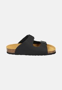 Sandal nero aperto con punta, dotata di doppie cinghie regolabili, suola in sughero e suola in gomma. Materiale superiore liscio con finitura opaca.