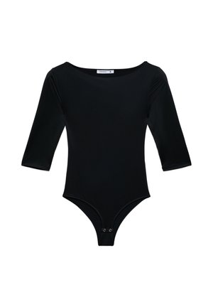 Czarny dopasowany body z rękawami do łokci i zatrzaskami w kroku, przedstawione na białym tle.