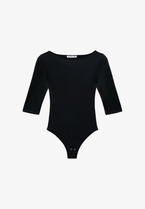 Czarny dopasowany body z rękawami do łokci i zatrzaskami w kroku, przedstawione na białym tle.