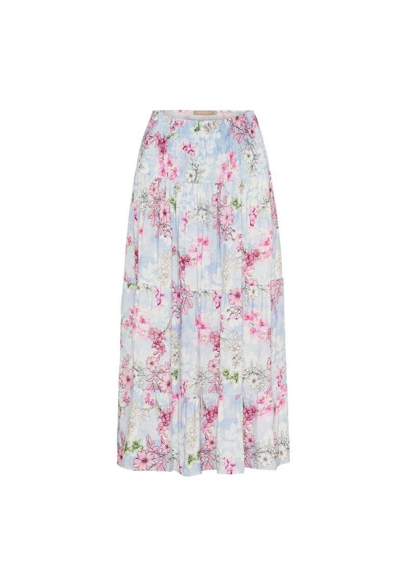 Blomster midi-nederdel med blå og hvid baggrund, prydet med rosa og grønne blomster. Smocked talje og lagdelt design. Letvægtsstof.