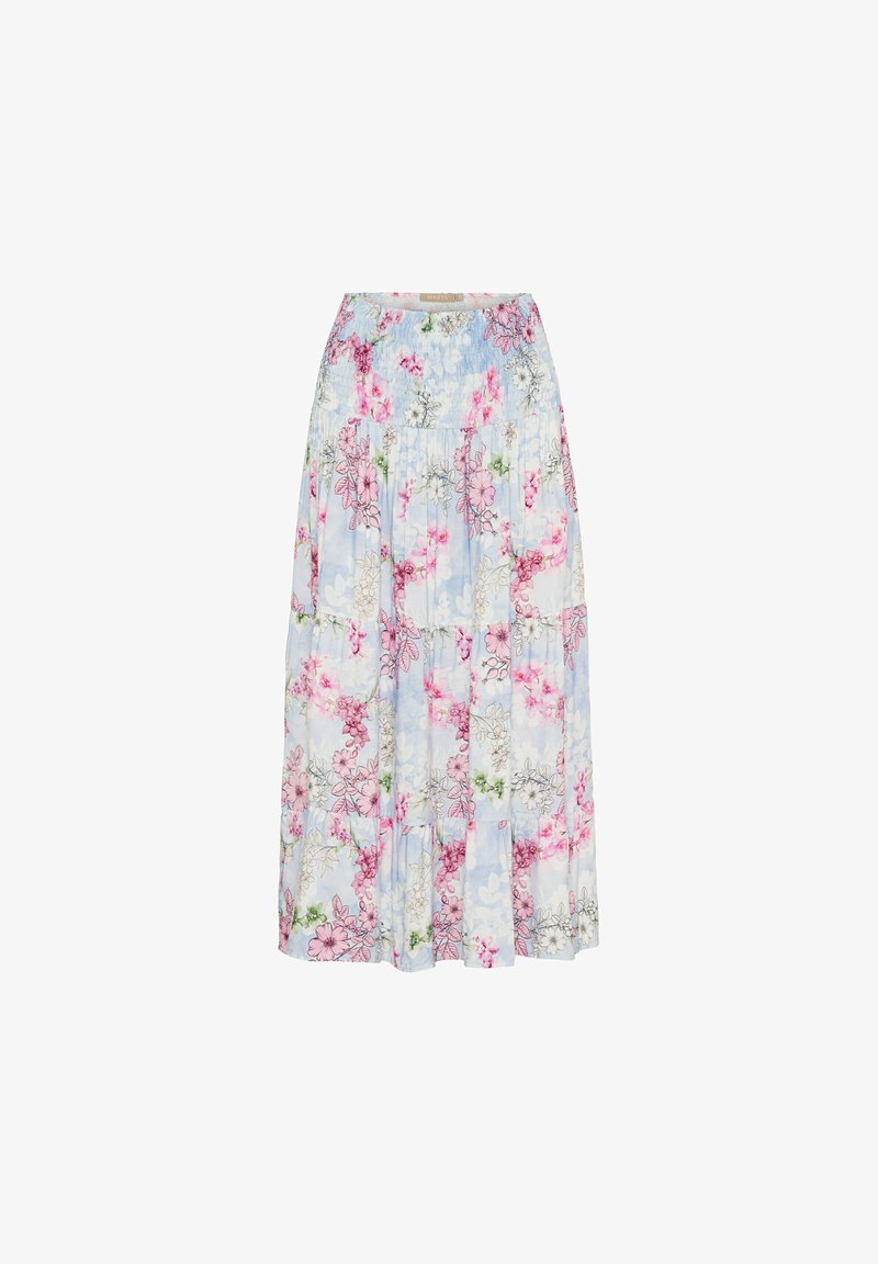 Blomster midi-nederdel med blå og hvid baggrund, prydet med rosa og grønne blomster. Smocked talje og lagdelt design. Letvægtsstof.
