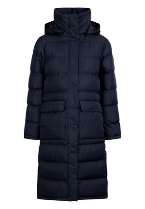 Marineblaue Puffjacke mit hohem Kragen, großen Fronttaschen und einem Reißverschluss. Verfügt über gesteppten Bereiche und eine Kapuze.