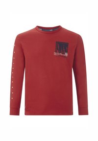 Long-sleeve red t-shirt in cotton with a crew neck. Features a chest graphic in dark blue and white text, designs along the sleeve.