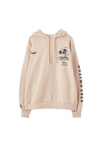 Sweat à capuche beige avec un motif de palmier noir et un coucher de soleil sur la poitrine, texte "SUNSET BLVD ARIZONA" et "STAY UNITED" imprimé sur la manche droite.
