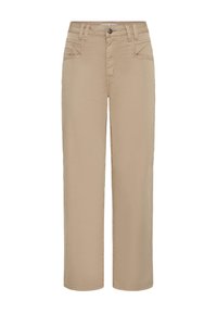 Béžové nohavice s rovnými nohavicami, predným zapínaním na gombík a zips, pútkami na opasok a prednými aj mincovými vreckami.