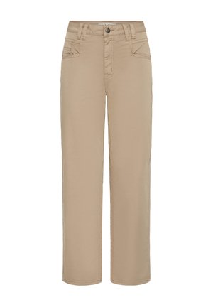 Pantalones beige de pierna recta con cierre frontal de botón y cremallera, trabillas para cinturón y bolsillos delanteros y moneda.