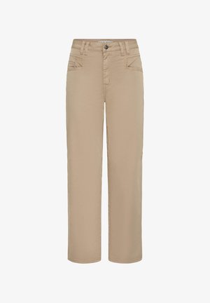 Beige straight-leg pants with front button and zipper closure, belt loops, and front and coin pockets.
