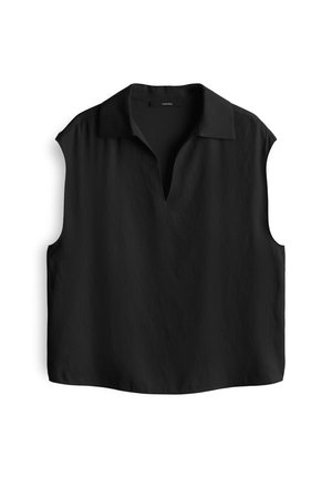 Zwarte mouwloze blouse met kraag, voorzien van een V-halsontwerp en een zachte, gestructureerde stof. Losse pasvorm en rechte zoom.
