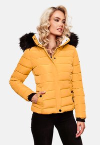 Yellow puffer jacket with a white-lined hood and faux fur trim. It features horizontal quilted sections and side pockets.
