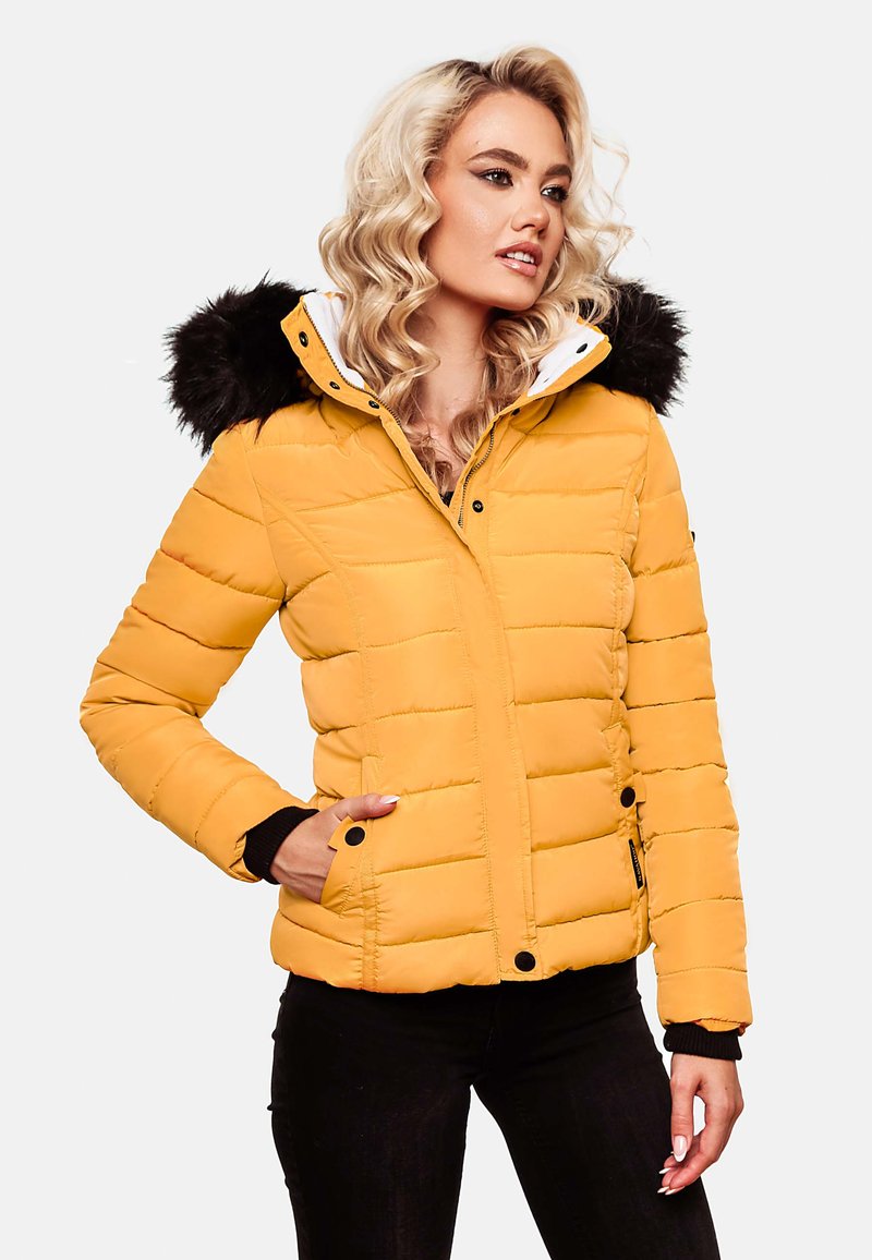 Yellow puffer jacket with a white-lined hood and faux fur trim. It features horizontal quilted sections and side pockets.