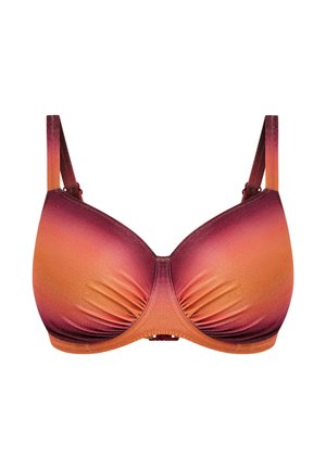 Beha met een verloopontwerp in tinten paars tot oranje, gestructureerde cups, verstelbare bandjes en gerimpelde accenten aan de onderkant.