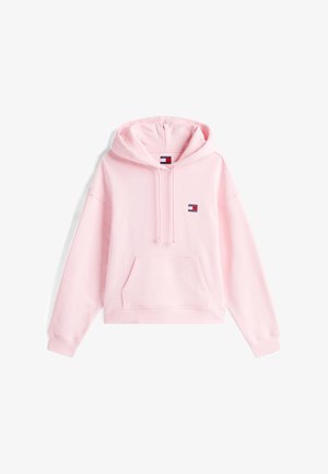 Rózsaszín kapucnis pulóver puha anyagból, elülső kenguruzsebbel, bordázott mandzsettákkal, állítható kapucnival, és egy kis logóval a mellrészen.