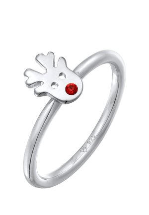 Silver ring featuring a reindeer-shaped band with a red gemstone accent. Smooth finish with a minimalist design. Marked 925 for sterling silver.