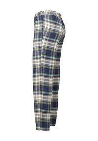 Pantalones de lounge a cuadros para hombre en azul marino, blanco y amarillo. Fabricados en suave algodón, con una cinturilla elástica y bolsillos laterales.