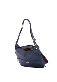 Borsa a tracolla in pelle blu navy con finitura texture, tracolla regolabile e hardware in tonalità oro. Presenta due scomparti con zip.