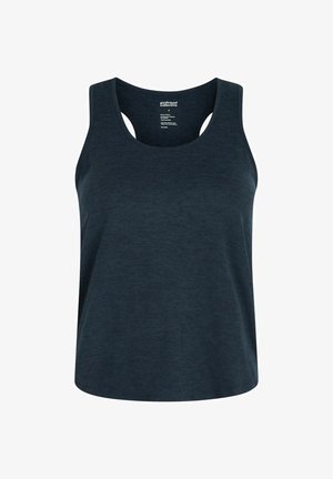 Dunkelblaues Tanktop mit rundem Ausschnitt und breiten Trägern; glatte Textur und lässige Passform. Enthält ein Etikett am Ausschnitt.