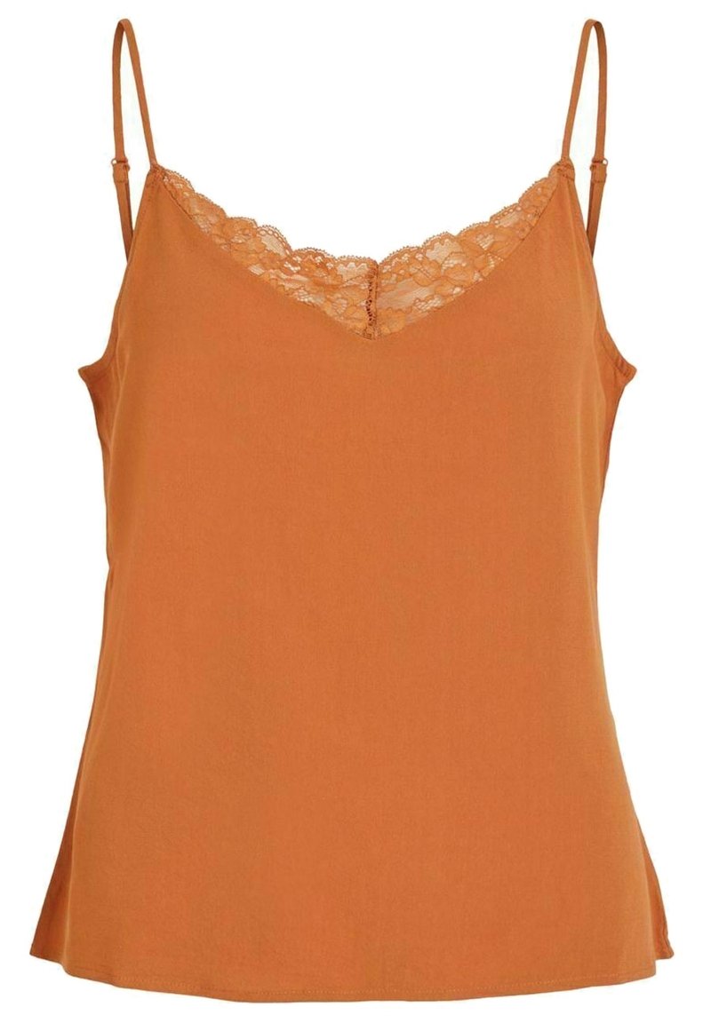 Orange cami med tunna justerbara axelband, spetsdetalj runt halsringningen, mjukt tyg och en något utsvängd nederkant.