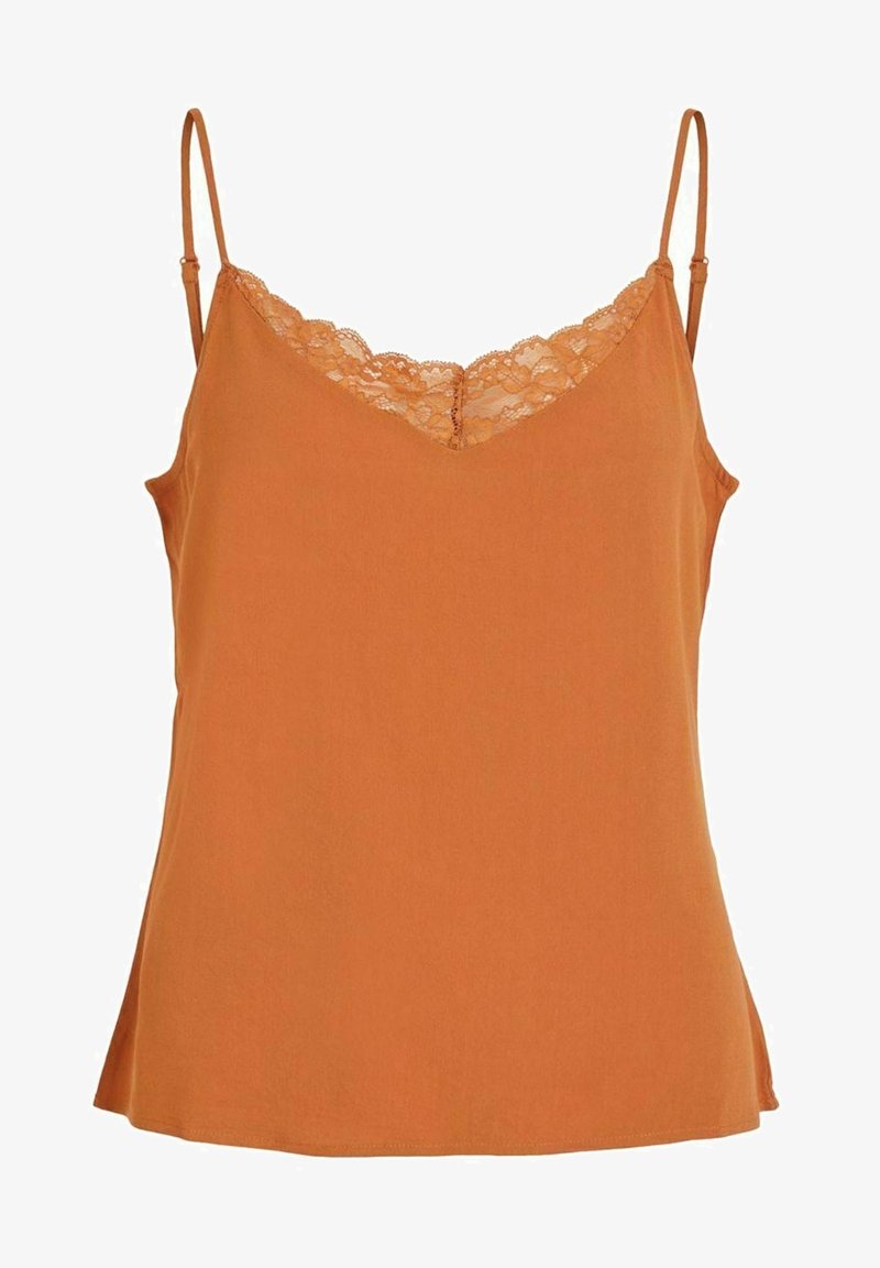 Orange cami med tunna justerbara axelband, spetsdetalj runt halsringningen, mjukt tyg och en något utsvängd nederkant.