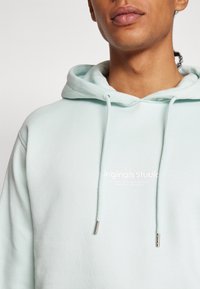 Mintgrön hoodie i mjukt tyg, med en framfickan i kangurustil, dragsko i huvan och vitt tryckt varumärkeslogo på bröstet.