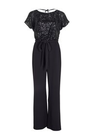 Zwarte jumpsuit met een bovenstuk van pailletten, een losse pasvorm, korte mouwen en een gestrikte tailleband; wijde broekspijpen voor een ontspannen silhouet.