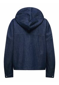 Veste en denim à capuche de couleur bleu foncé, présentant une coupe droite, des manches longues et des poignets boutonnés. Texture lisse avec des détails de couture subtils.